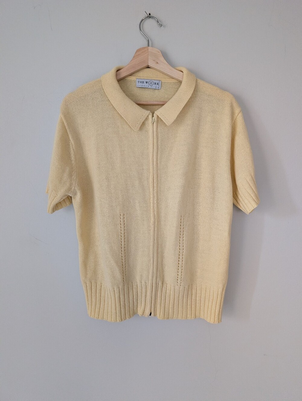 Vintage 90s Pastel Butter Yellow Full Zip Short Sleeve Knit Polo Sweater